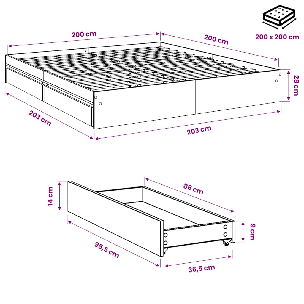 Bed Frame with Drawers without Mattress White 200x200 cm