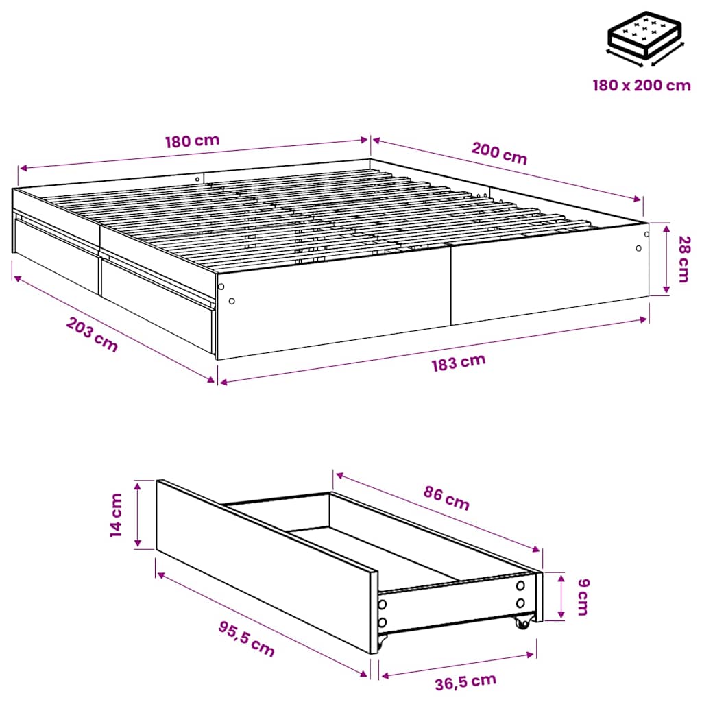 Bed Frame with Drawers without Mattress Concrete Grey 180x200cm