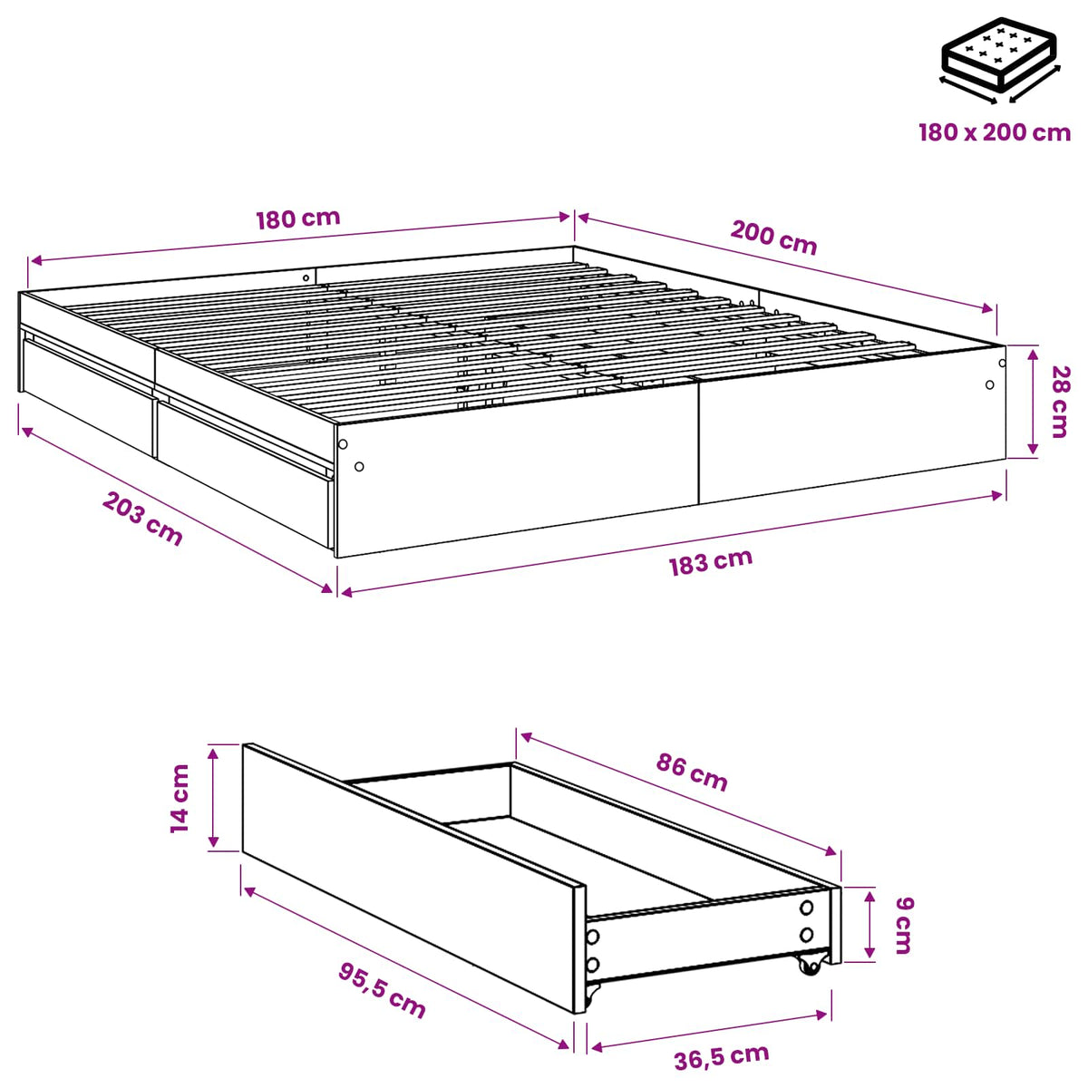 Bed Frame with Drawers without Mattress Concrete Grey 180x200cm