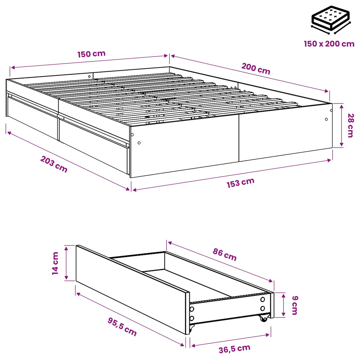 Bed Frame with Drawers without Mattress White 150x200 cm