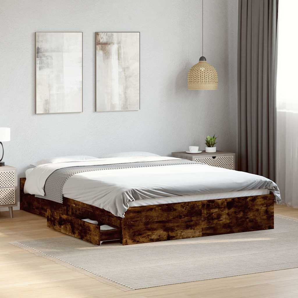 Bed Frame with Drawers without Mattress Smoked Oak 140x200 cm