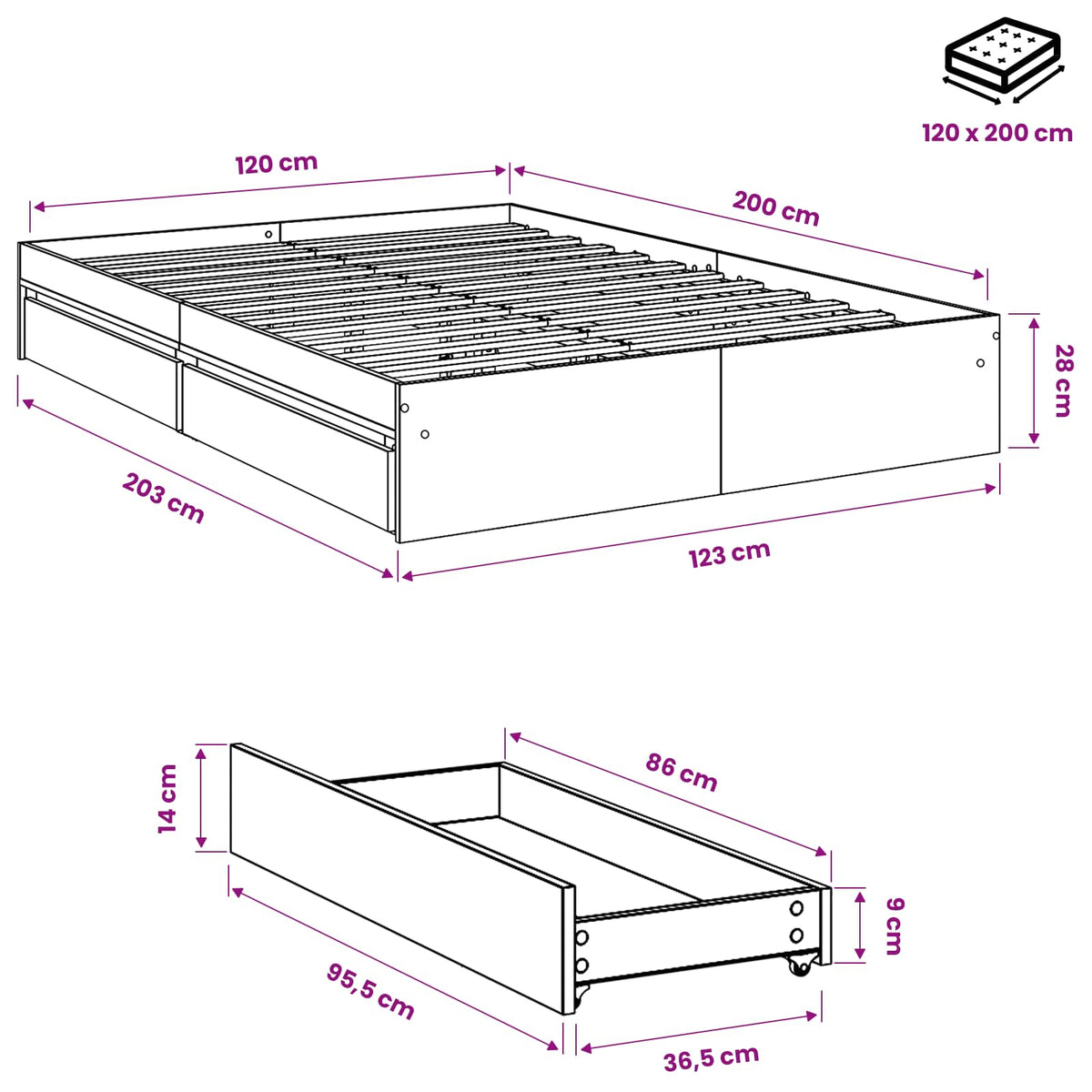Bed Frame with Drawers without Mattress Concrete Grey 120x200cm