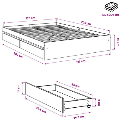 Bed Frame with Drawers without Mattress Smoked Oak 120x200 cm