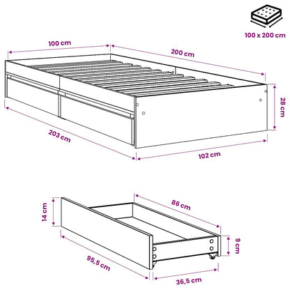 Bed Frame with Drawers without Mattress Concrete Grey 100x200cm