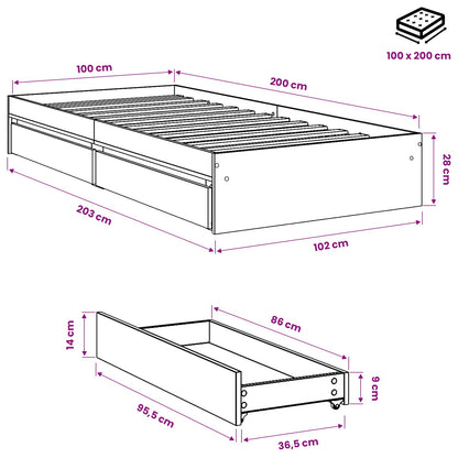 Bed Frame with Drawers without Mattress Concrete Grey 100x200cm