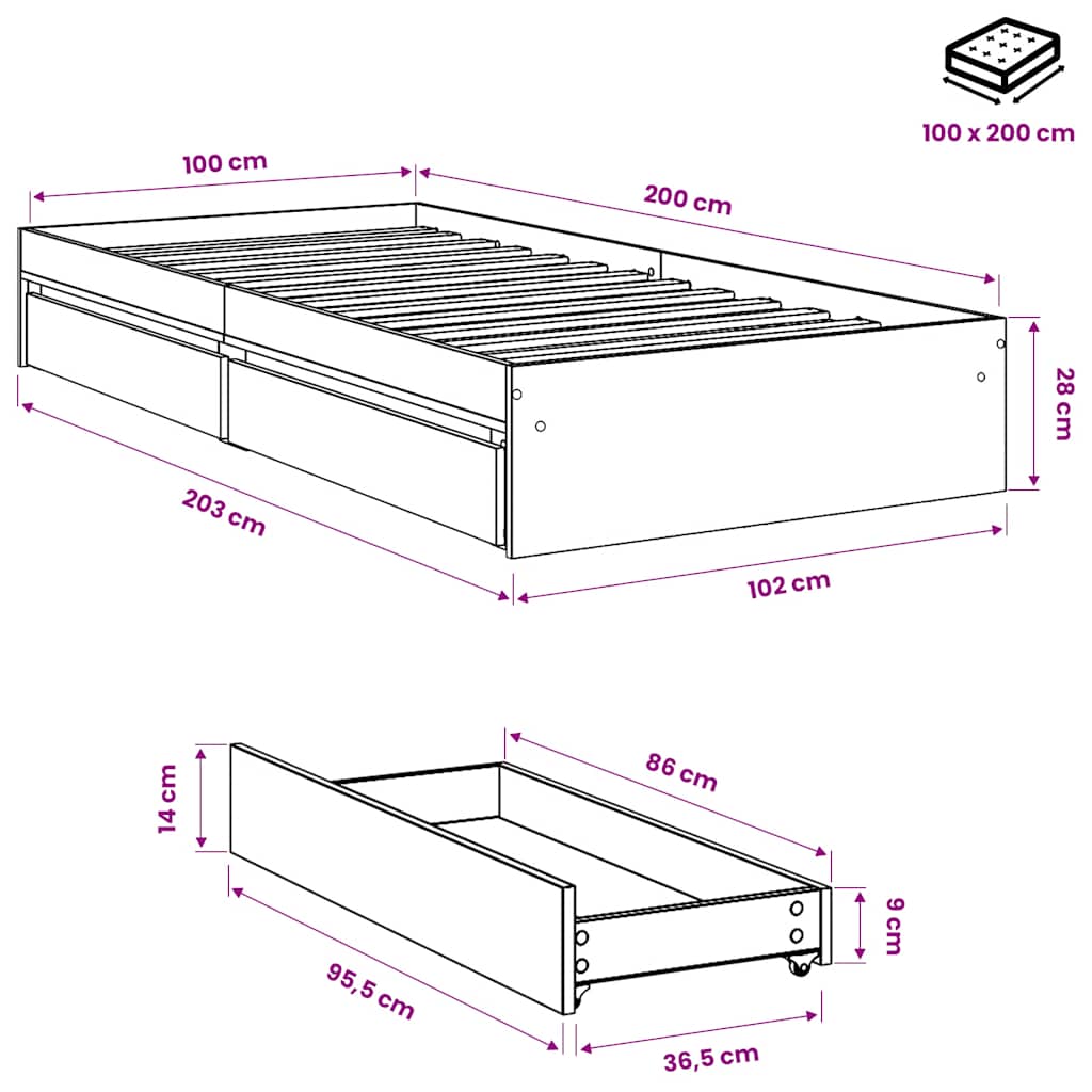 Bed Frame with Drawers without Mattress Grey Sonoma 100x200 cm