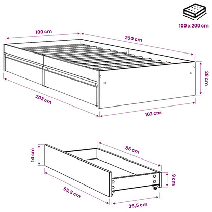 Bed Frame with Drawers without Mattress Grey Sonoma 100x200 cm