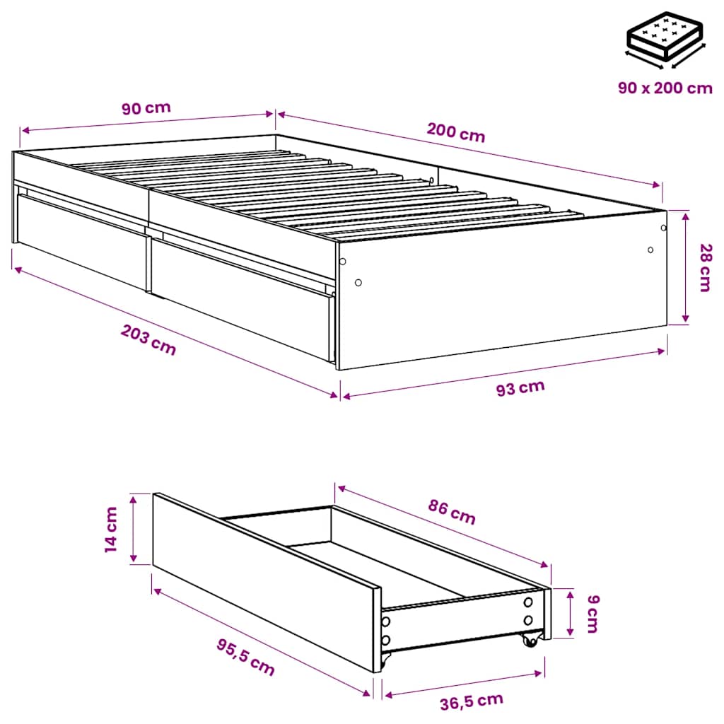 Bed Frame with Drawers without Mattress White 90x200 cm