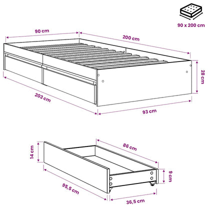 Bed Frame with Drawers without Mattress White 90x200 cm