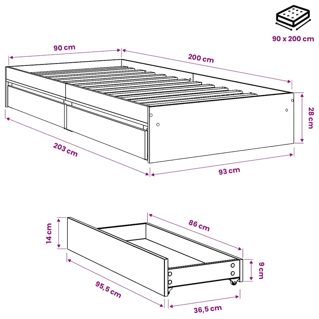Bed Frame with Drawers without Mattress Sonoma Oak 90x200 cm