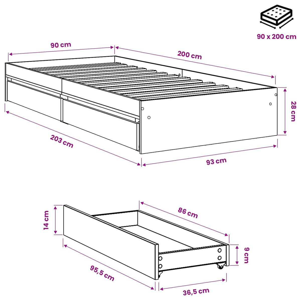 Bed Frame with Drawers without Mattress Sonoma Oak 90x200 cm