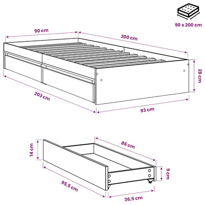 Bed Frame with Drawers without Mattress Smoked Oak 90x200 cm