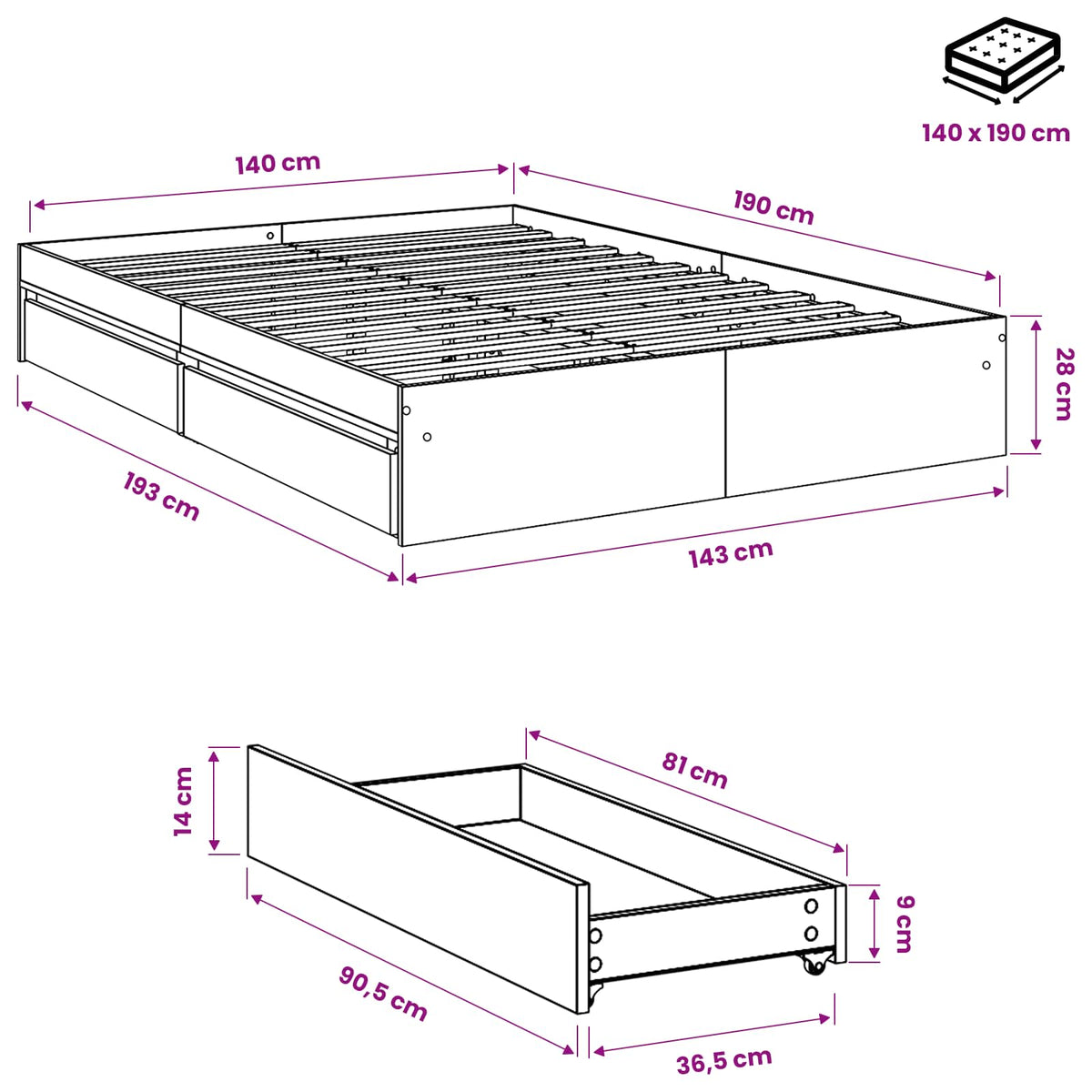 Bed Frame with Drawers without Mattress Sonoma Oak 140x190 cm