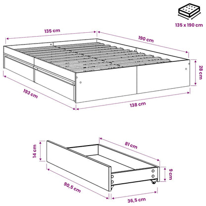 Bed Frame with Drawers without Mattress White 135x190 cm