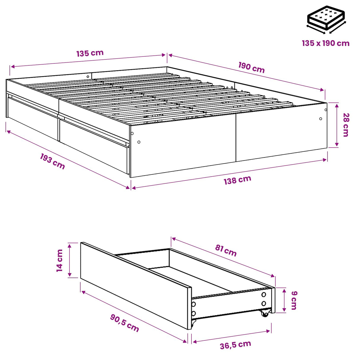 Bed Frame with Drawers without Mattress White 135x190 cm