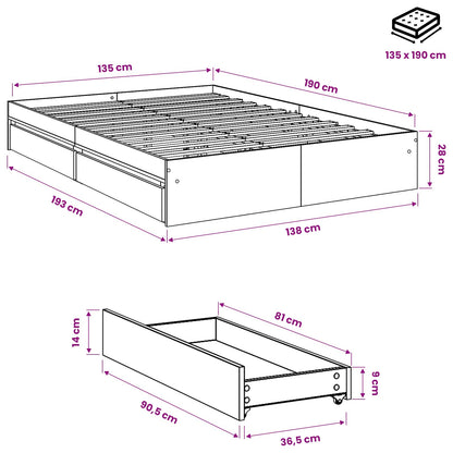 Bed Frame with Drawers without Mattress White 135x190 cm