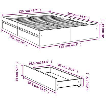 Bed Frame with Drawers without Mattress Grey Sonoma 120x190 cm Small Double