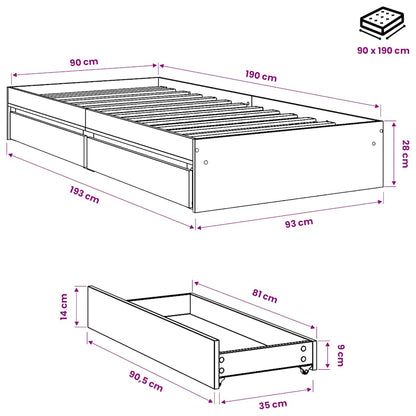 Bed Frame with Drawers without Mattress Sonoma Oak 90x190 cm