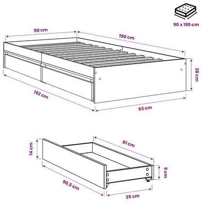 Bed Frame with Drawers without Mattress Grey Sonoma 90x190 cm