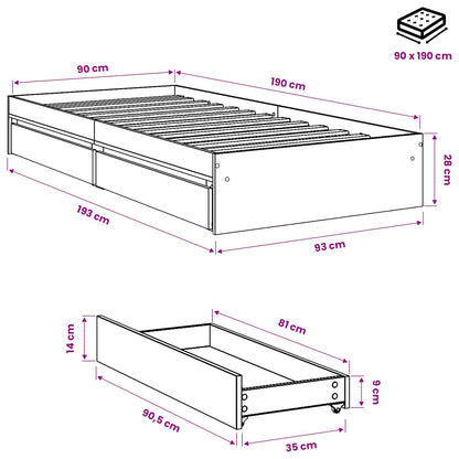 Bed Frame with Drawers without Mattress Grey Sonoma 90x190 cm