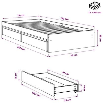 Bed Frame with Drawers without Mattress Grey Sonoma 75x190 cm