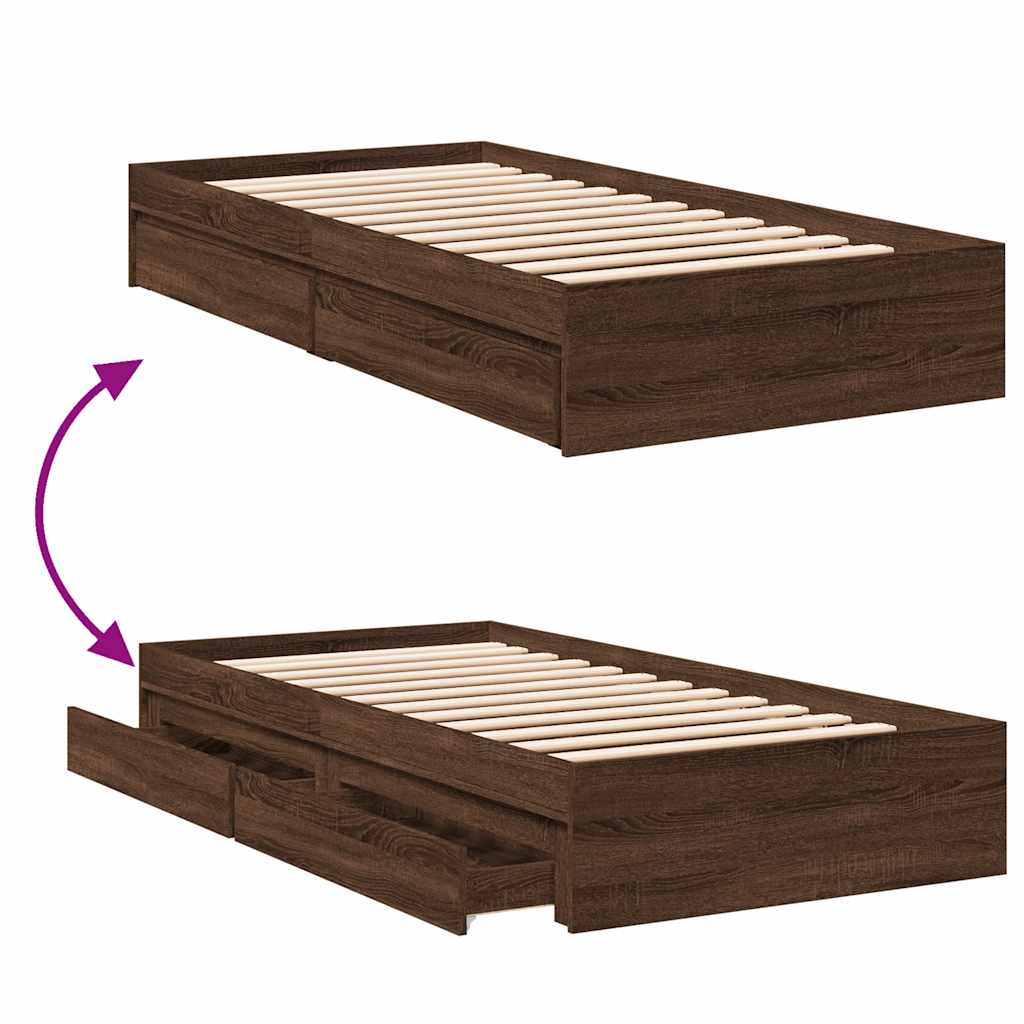 Bed Frame with Drawers without Mattress Brown Oak 75x190 cm