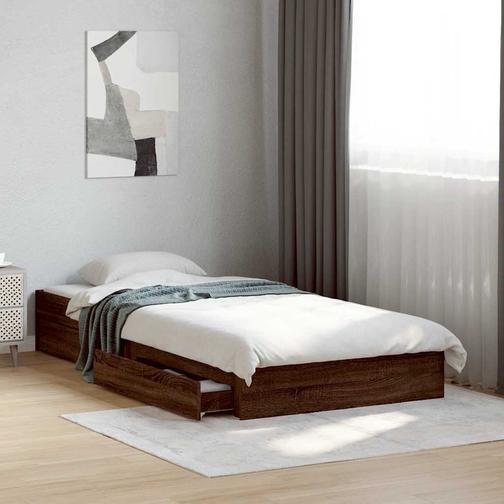 Bed Frame with Drawers without Mattress Brown Oak 75x190 cm