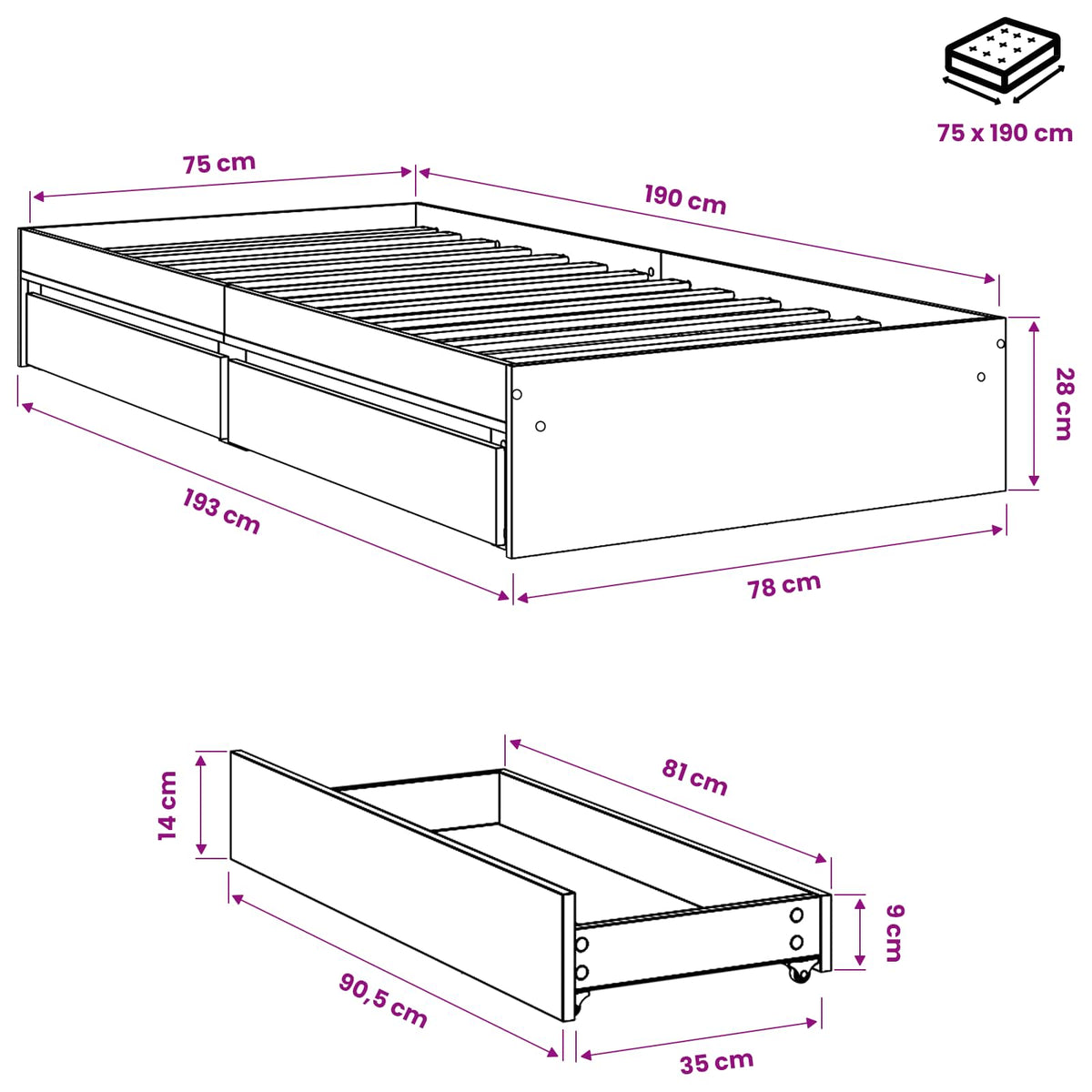 Bed Frame with Drawers without Mattress Brown Oak 75x190 cm