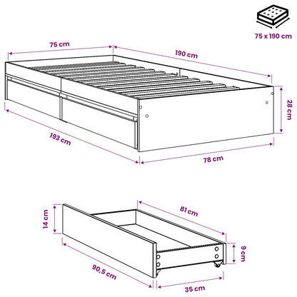 Bed Frame with Drawers without Mattress Brown Oak 75x190 cm