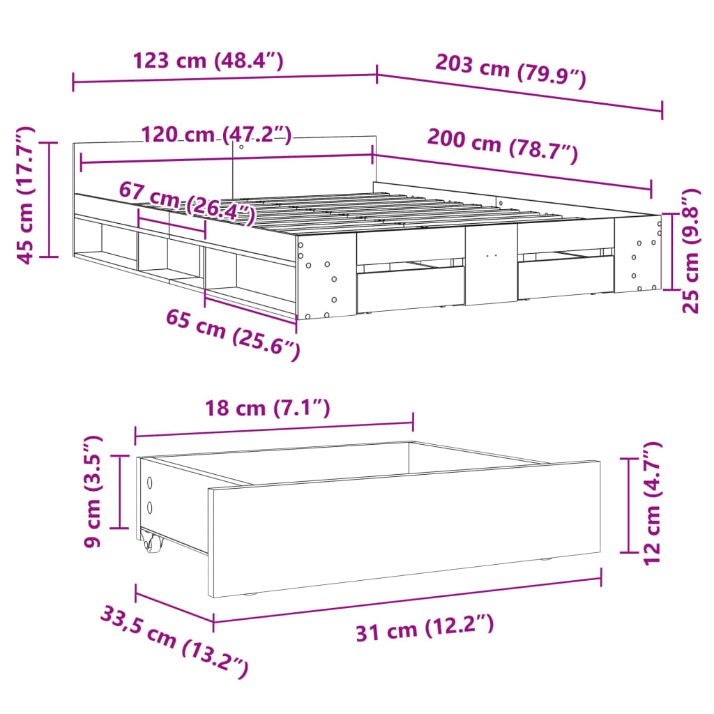 Bed Frame with Drawers without Mattress Sonoma Oak 120x200 cm