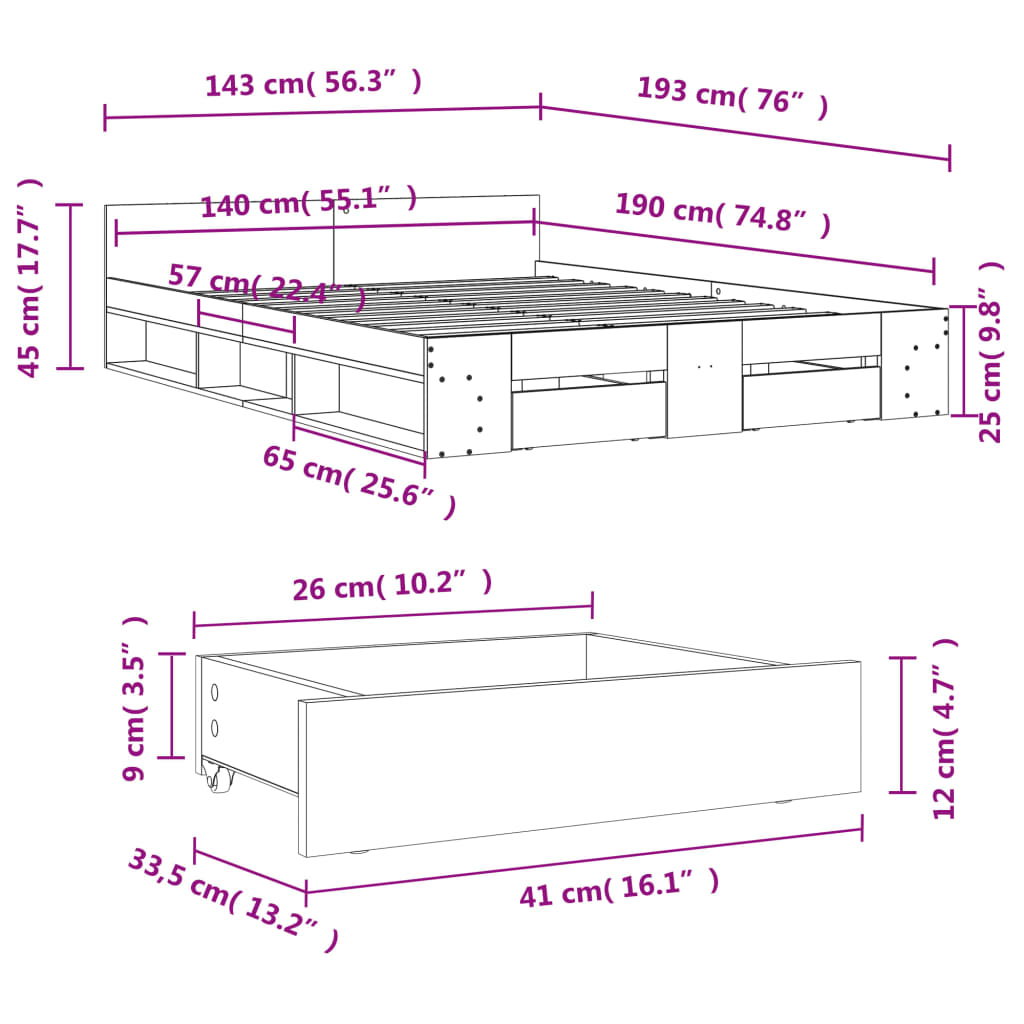 Bed Frame with Drawers without Mattress Smoked Oak 140x190 cm
