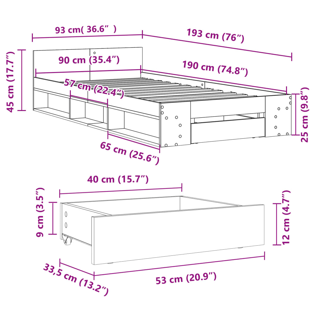 Bed Frame with Drawer without Mattress Smoked Oak 90x190 cm Single