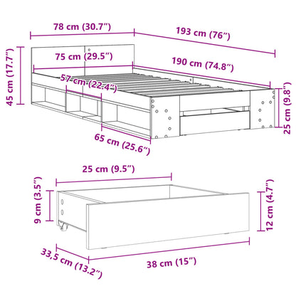 Bed Frame with Drawer without Mattress Black 75x190 cm Small Single