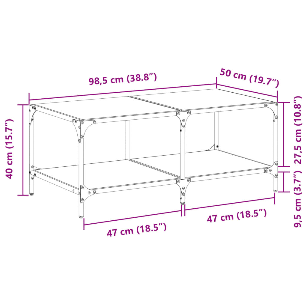 Coffee Table with Black Glass Top 98.5x50x40 cm Steel