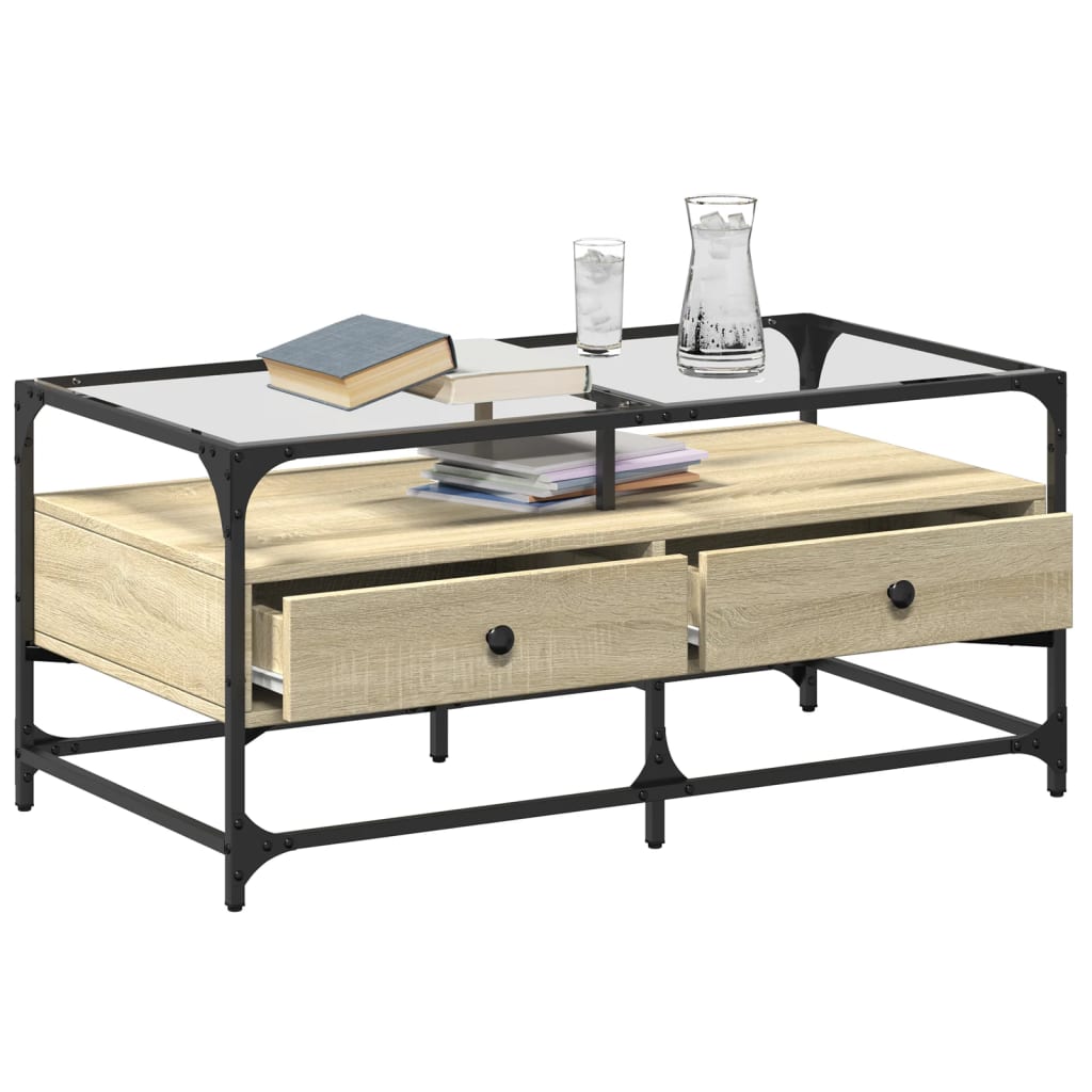Coffee Table with Glass Top Sonoma Oak 98,5x50x45 cm Steel