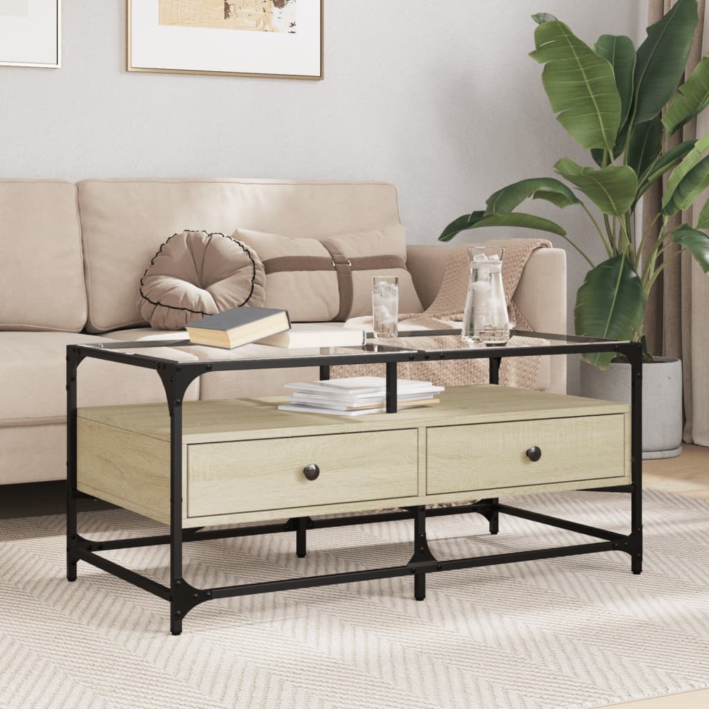 Coffee Table with Glass Top Sonoma Oak 98,5x50x45 cm Steel