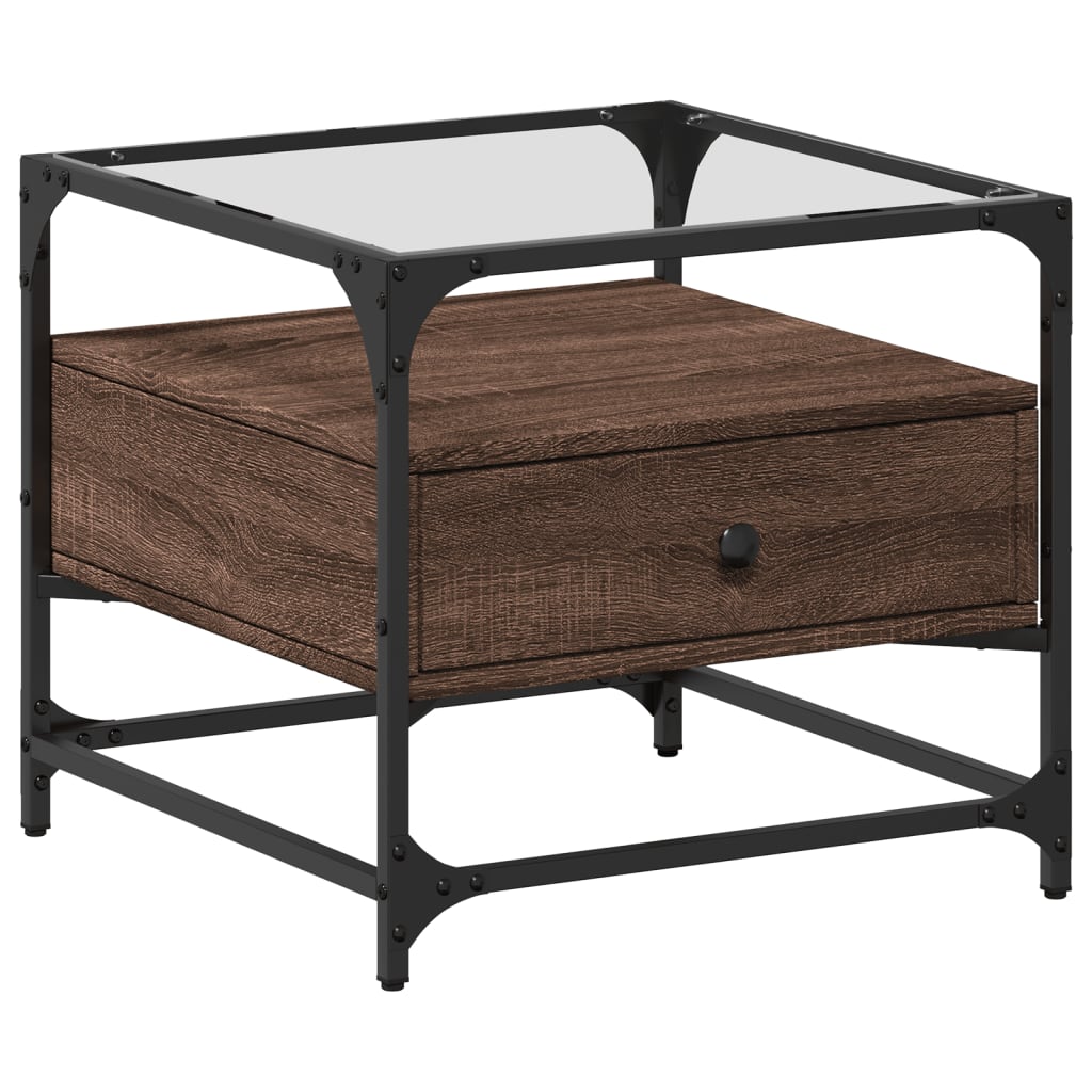Coffee Table with Glass Top Brown Oak 50x50x45 cm Steel