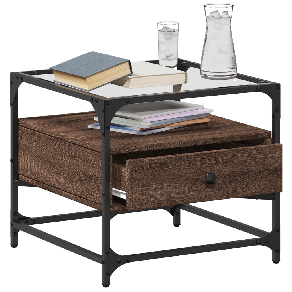 Coffee Table with Glass Top Brown Oak 50x50x45 cm Steel