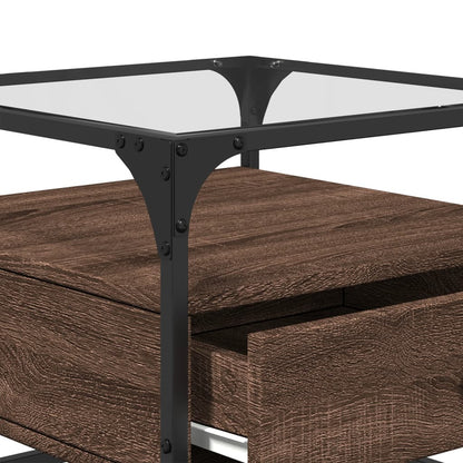 Coffee Table with Glass Top Brown Oak 50x50x45 cm Steel