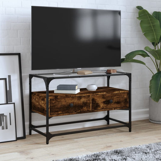 TV Cabinet with Glass Top Smoked Oak 80x35x51cm Engineered Wood