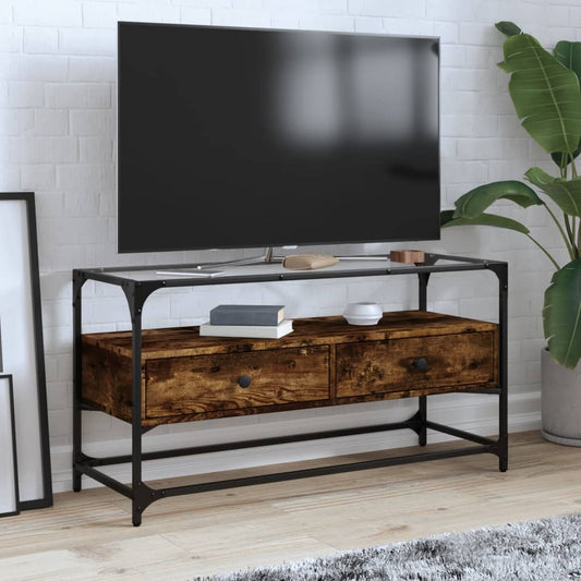 TV Cabinet with Glass Top Smoked Oak 98x35x51cm Engineered Wood