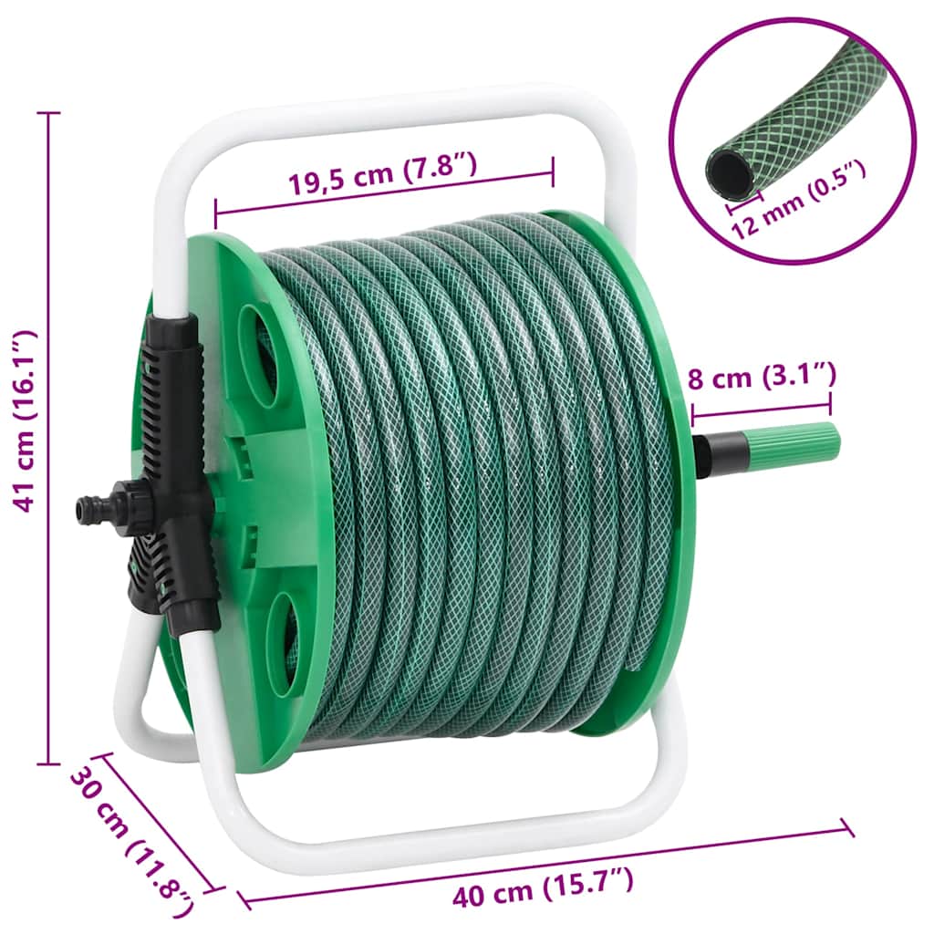 Free Standing Green Hose Reel with Hose Fitting Set 0.5" 30 m PVC