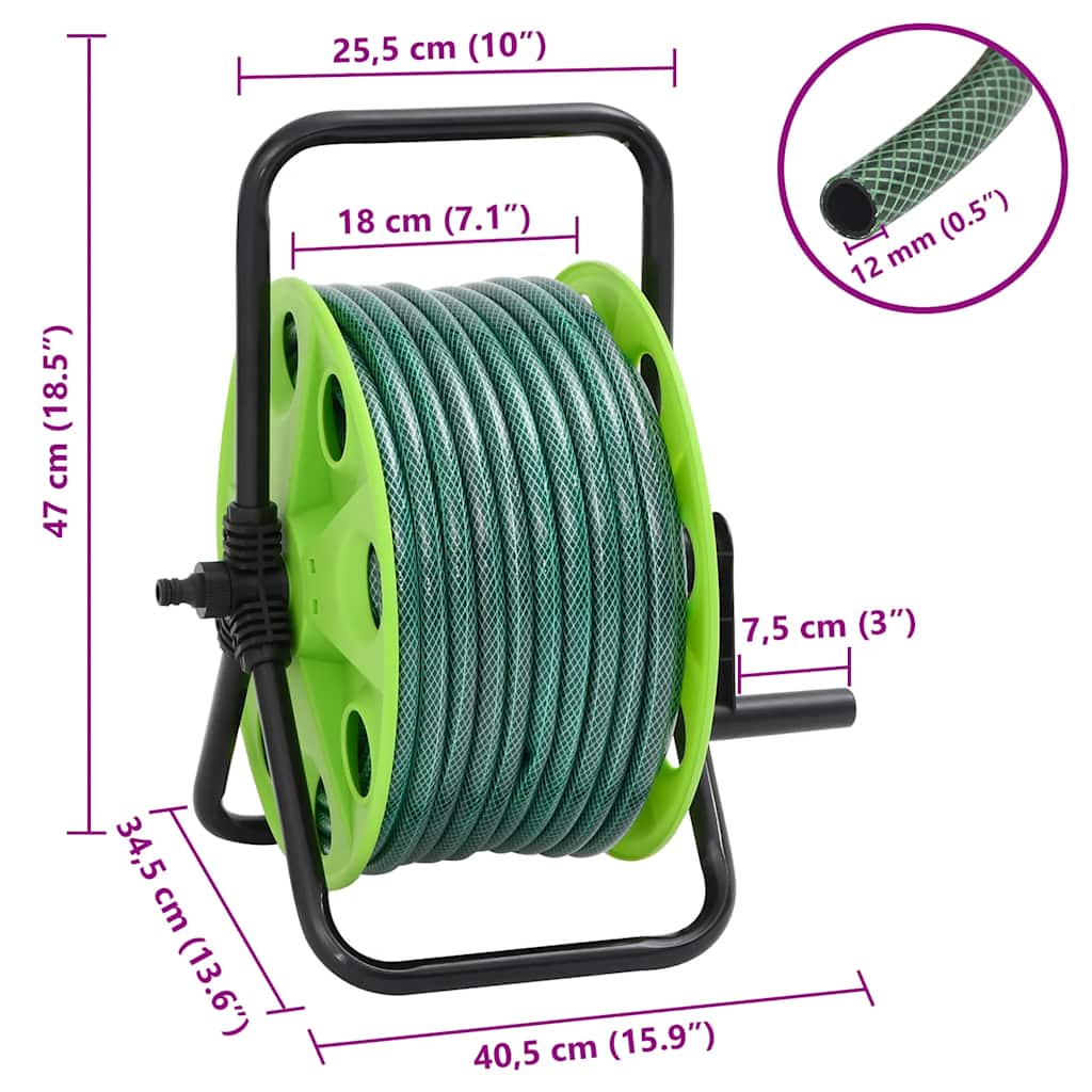 Free Standing Green Hose Reel with Hose Fitting Set 0.5" 30 m