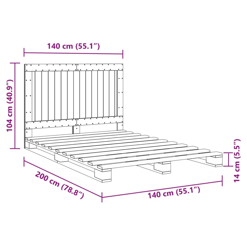 Bed Frame | Grey | Solid pinewood | 140 x 200 cm | Bed Frame