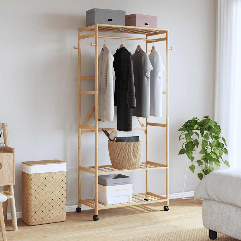 Clothes Rack with Shelves and Wheels 90x40x179.5 cm Bamboo