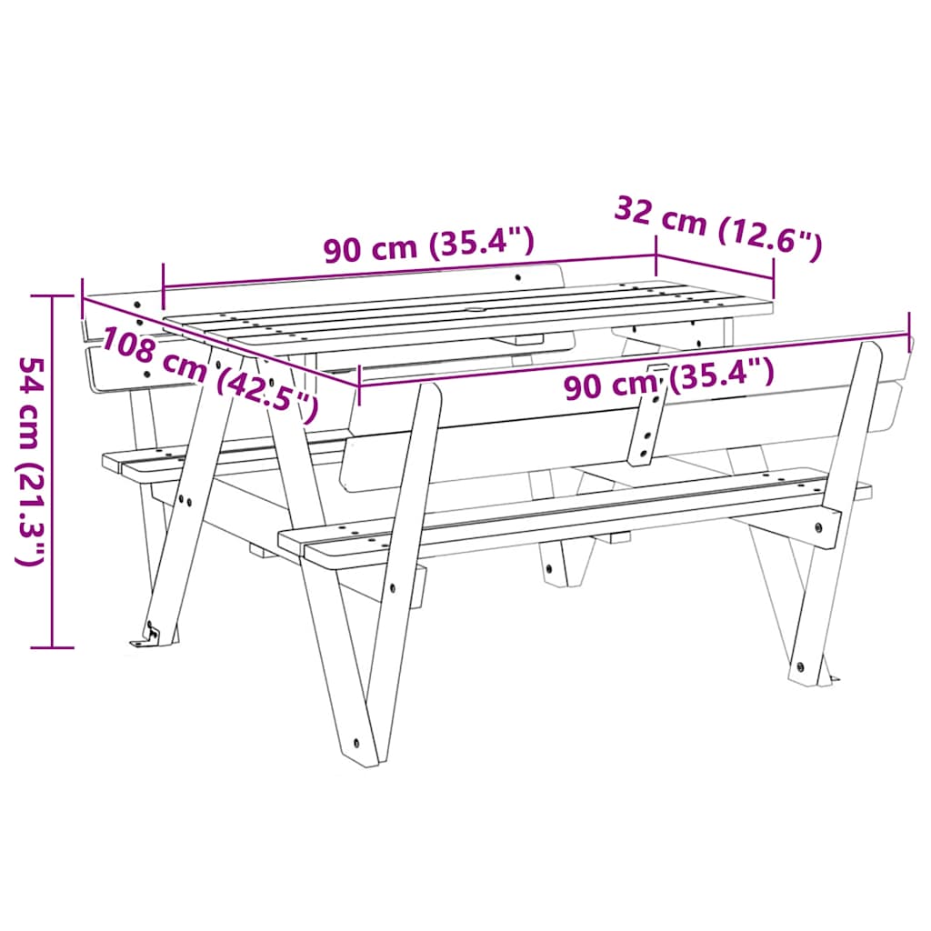Picnic Table for 4 Kids with Umbrella Hole Solid Wood Fir