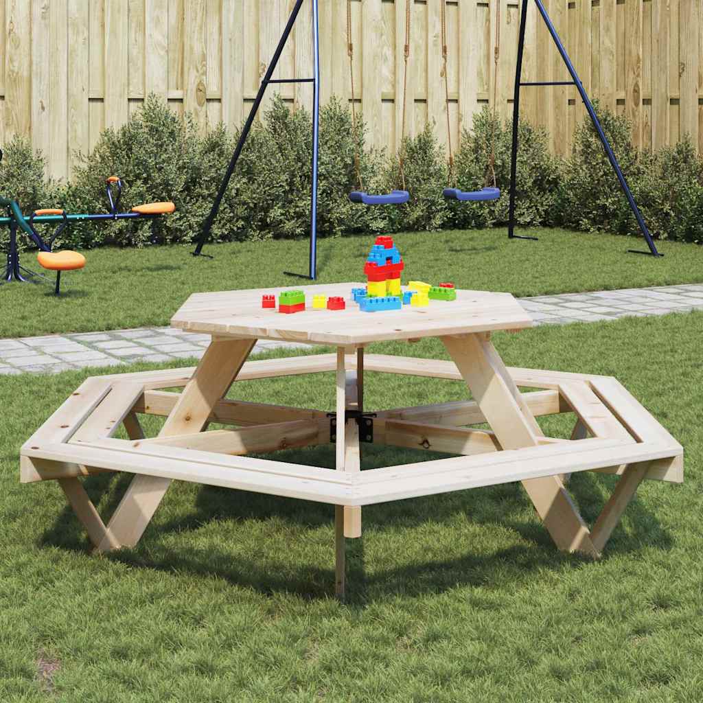 Picnic Table for 6 Kids with Benches Hexagon Solid Wood Fir