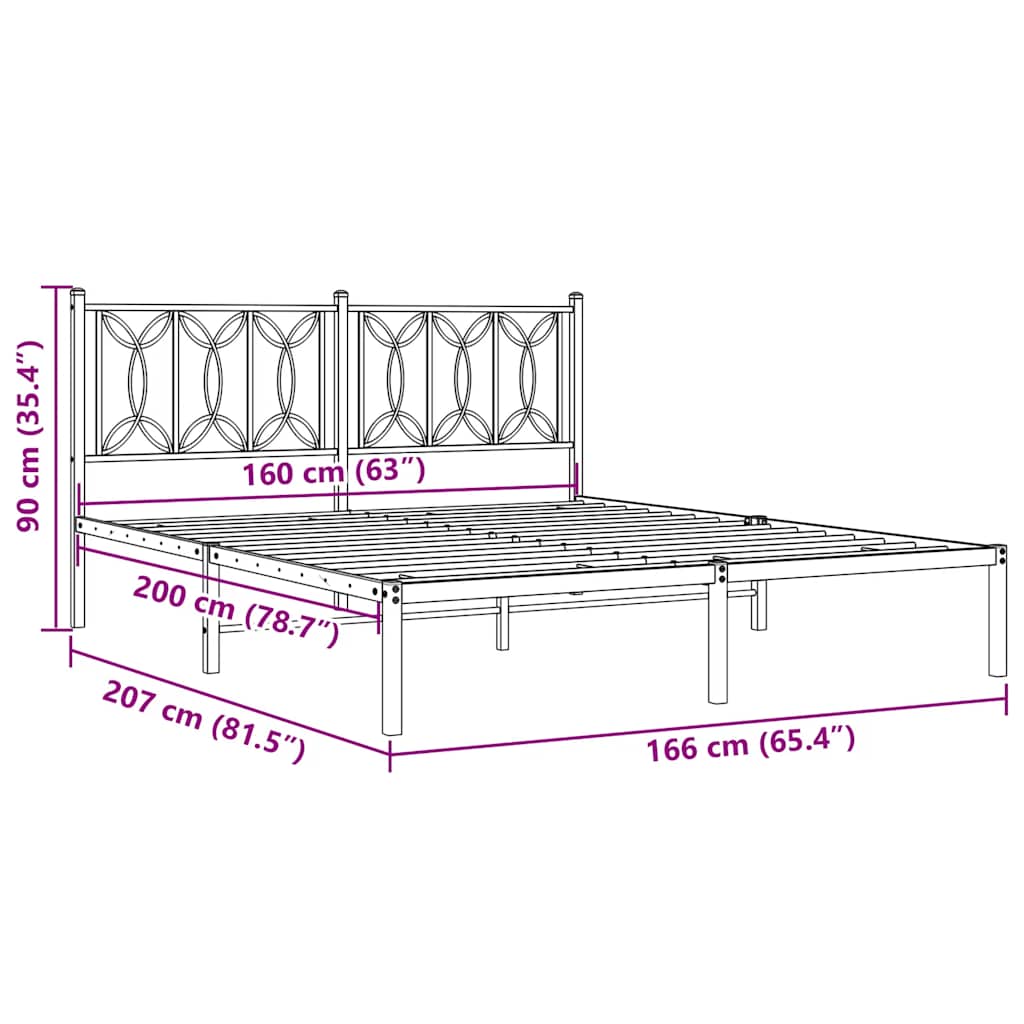 Metal Bed Frame without Mattress with Headboard Black 160x200cm