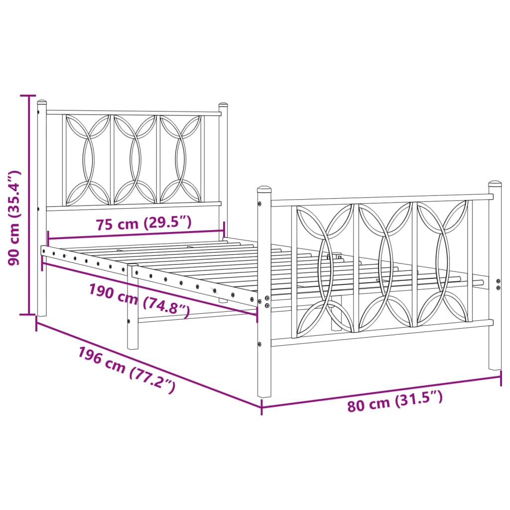 Metal Bed Frame without Mattress with Footboard White 75x190cm