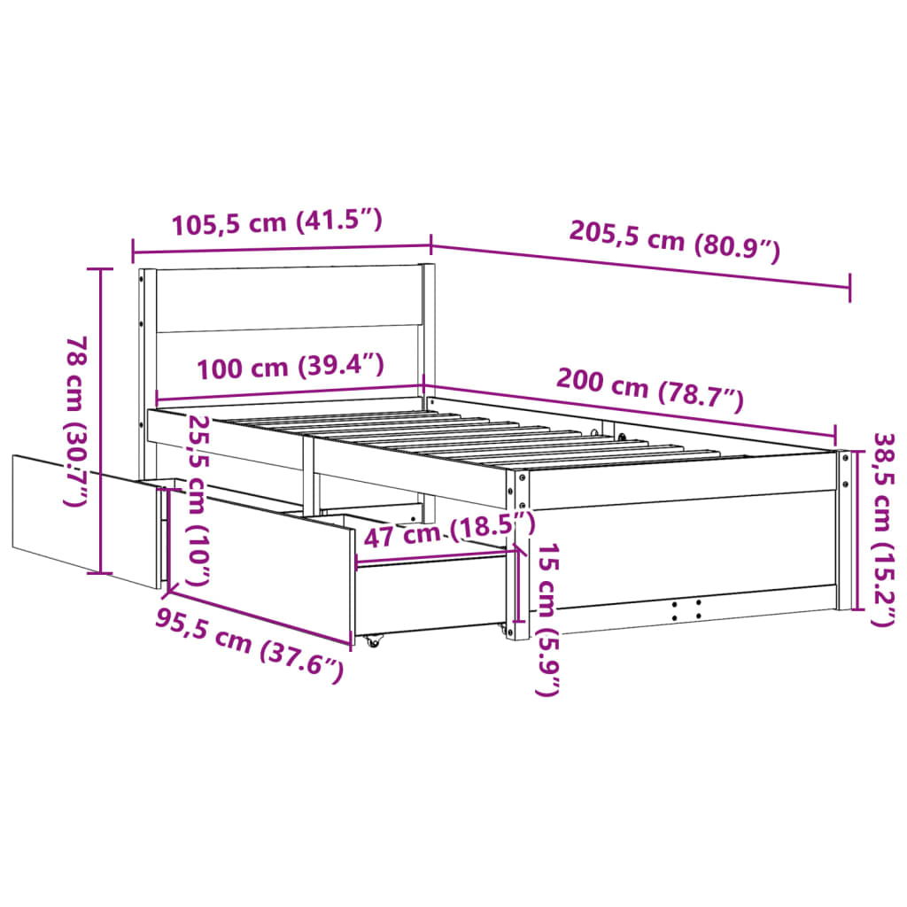 Bed Frame without Mattress White 100x200 cm Solid Wood Pine